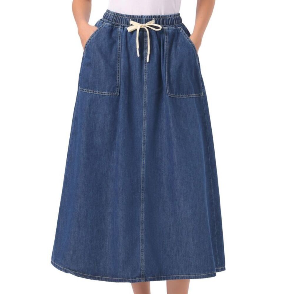 Women's Denim Elastic Waist Casual A Line Maxi Jean Skirts Large Dark Blue